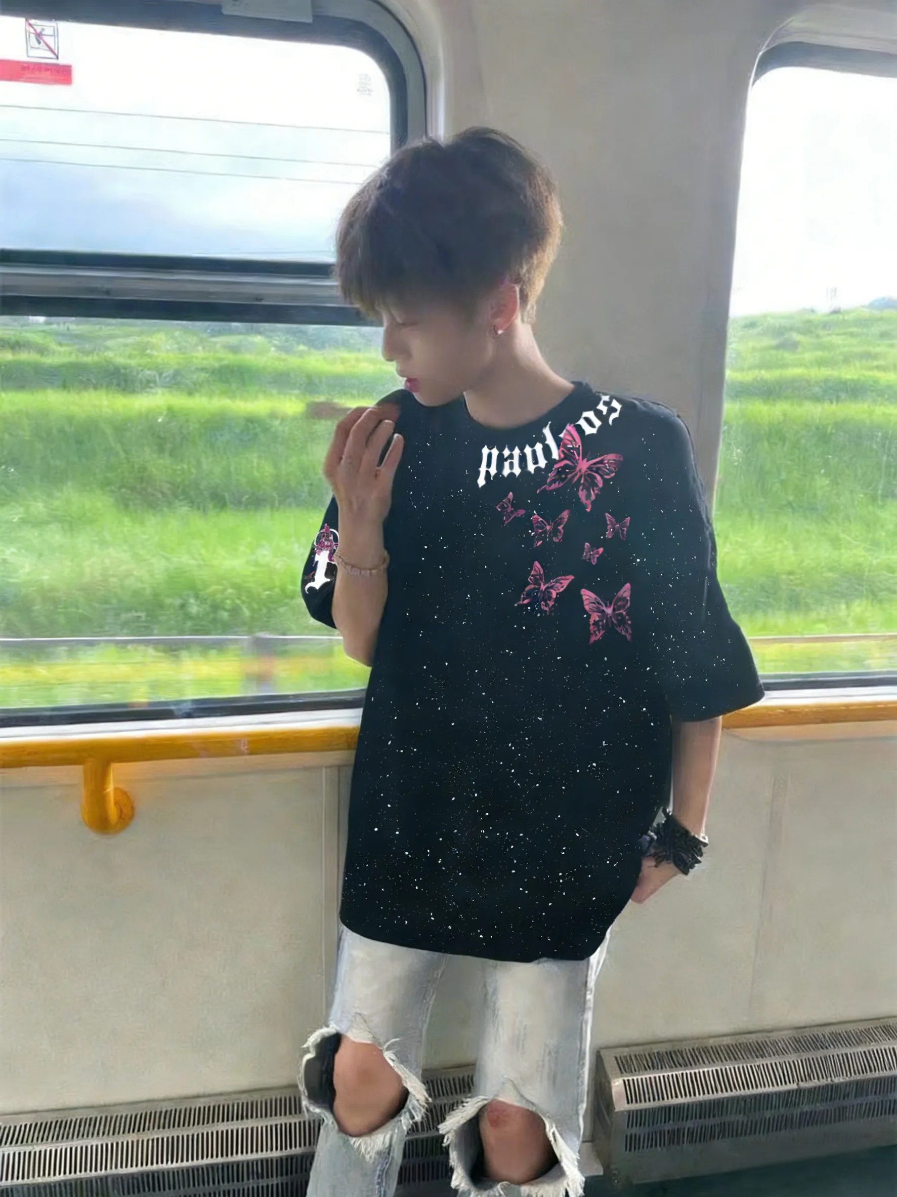 2026 Summer New American High Street Style Men Butterfly Starry Sky Print Casual Cotton Round Neck Short Sleeve T-Shirt