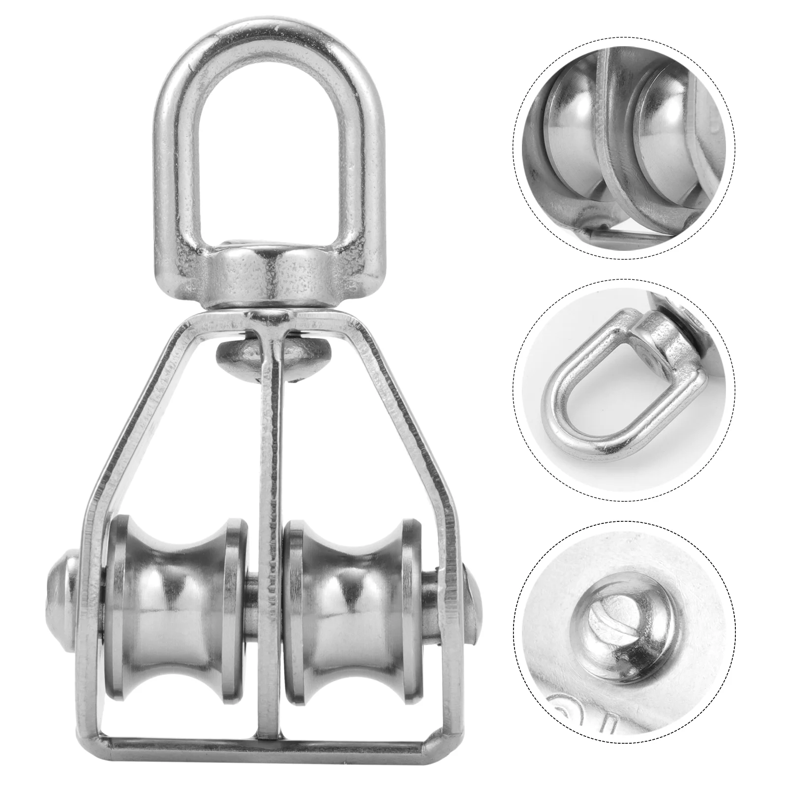 Lifting Crane Swivel Hook Stainless Steel Pulley Block Heavy Duty Grooved Wheel Loading Silver Double