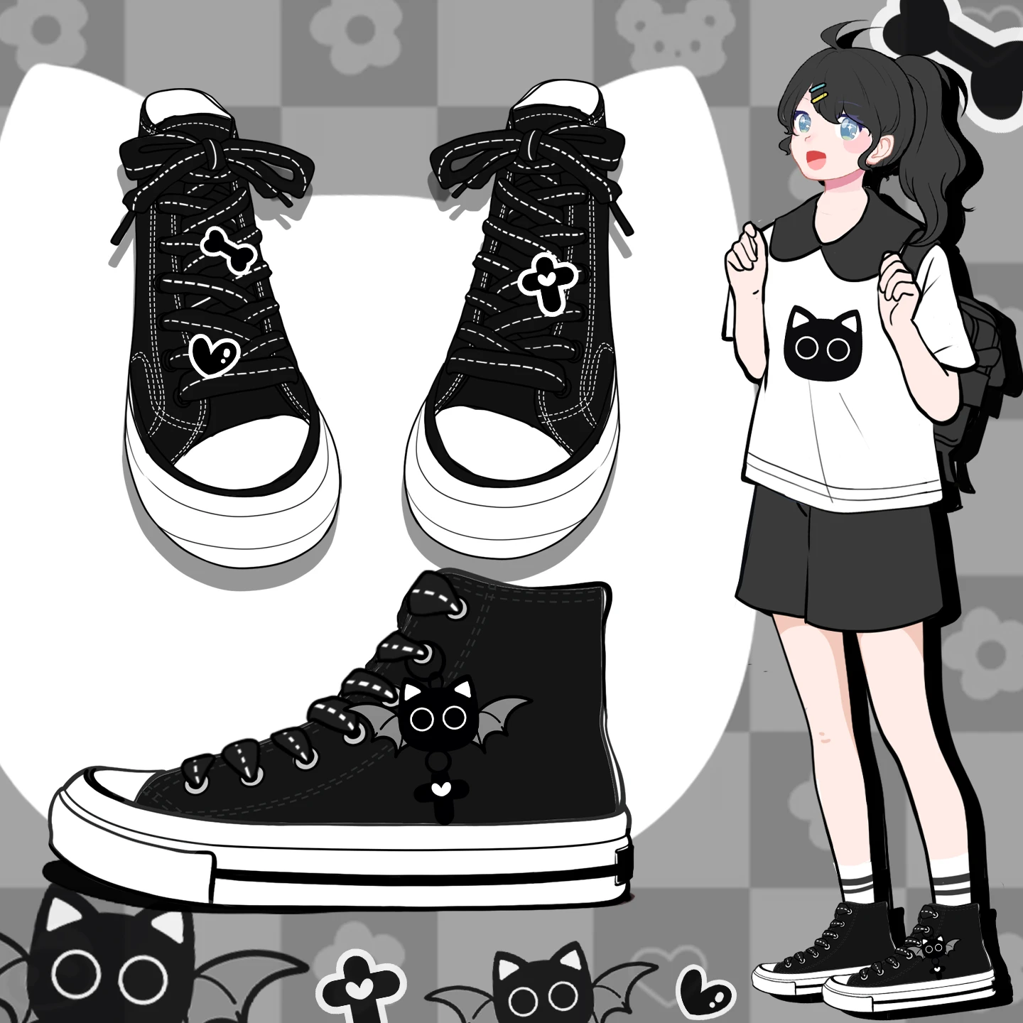 Amy and Michael Original Design High Top Black Canvas Sneakers Cute Girls Students Casual Flats Woman Vulcanized Shoes