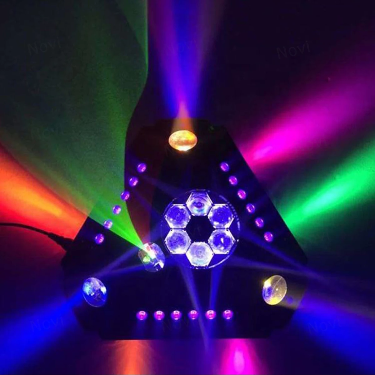 7 Functions Multi-effect LED DMX512 Light with Bubble Beam RG Laser UV Strobe Bee Pattern and Voice Control for Disco Party DJ