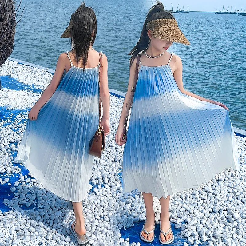 

Children Casual Pleated Beach Sundress for Girls New Summer Vacation Sleeveless Dress Outfit Kids Fashion Holiday Clothing 5-14Y