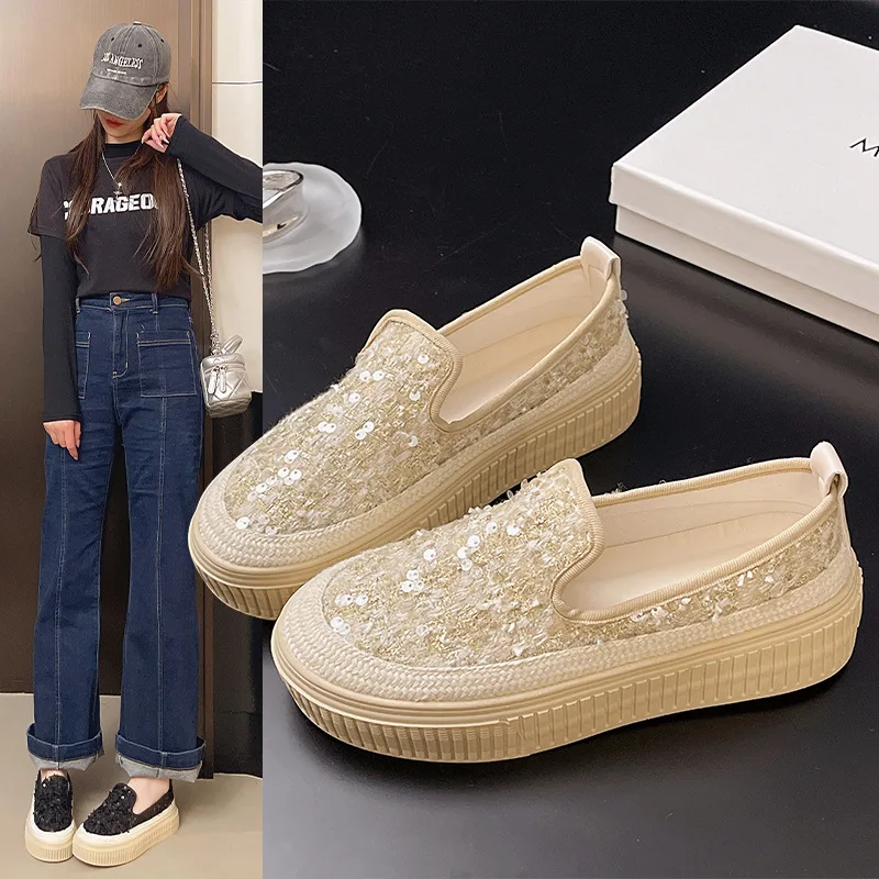 

Women's Shoes Platform Round Toe Modis Casual Female Sneakers Flats Slip-on Loafers With Fur Clogs Summer 2025 Glitter Dress