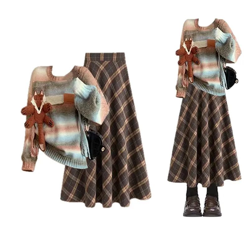 مجموعة تصميم الربيع والخريف سترة نسائية محبوكة للصباغة الفرنسية الرجعية عالية الخصر متقلب نصف تنورة مكونة من قطعتين #5