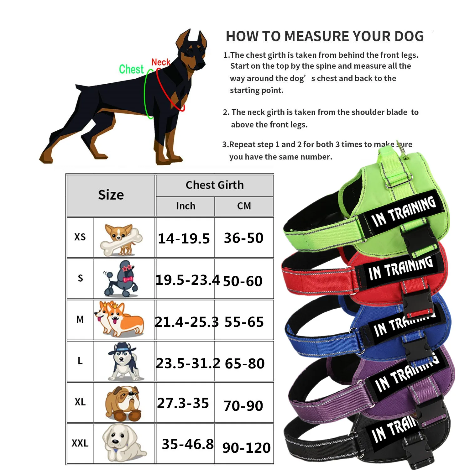 Adjustable Service Dog Harness Pet Training Vest Reflective Patches Size XS S M L XL XXL Emotional Support Therapy Dog