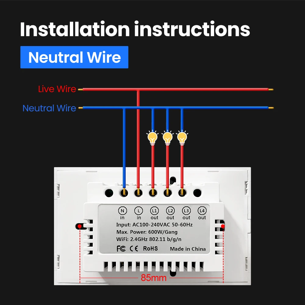 MIUCDA Tuya Smart Switches US Neutral Wire/No Neutral Wire Required 1 to 4 Gang Light WiFi Touch Switch Work & Alexa Google Home