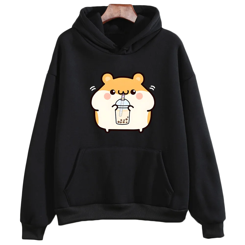 Boba Tea Hamster Felpa carina Felpa con cappuccio grafica cartoon femminile Tuta casual con cappuccio Abbigliamento invernale da donna pullover