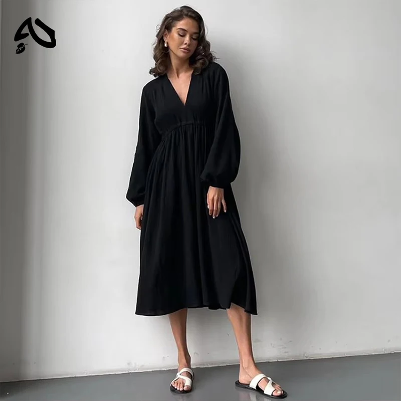 Original Elegant 100% Cotton Dress Long Sleeve V-Neck High Waist Evening Party Dress Women Robe Mori Girl White Midi Dresses