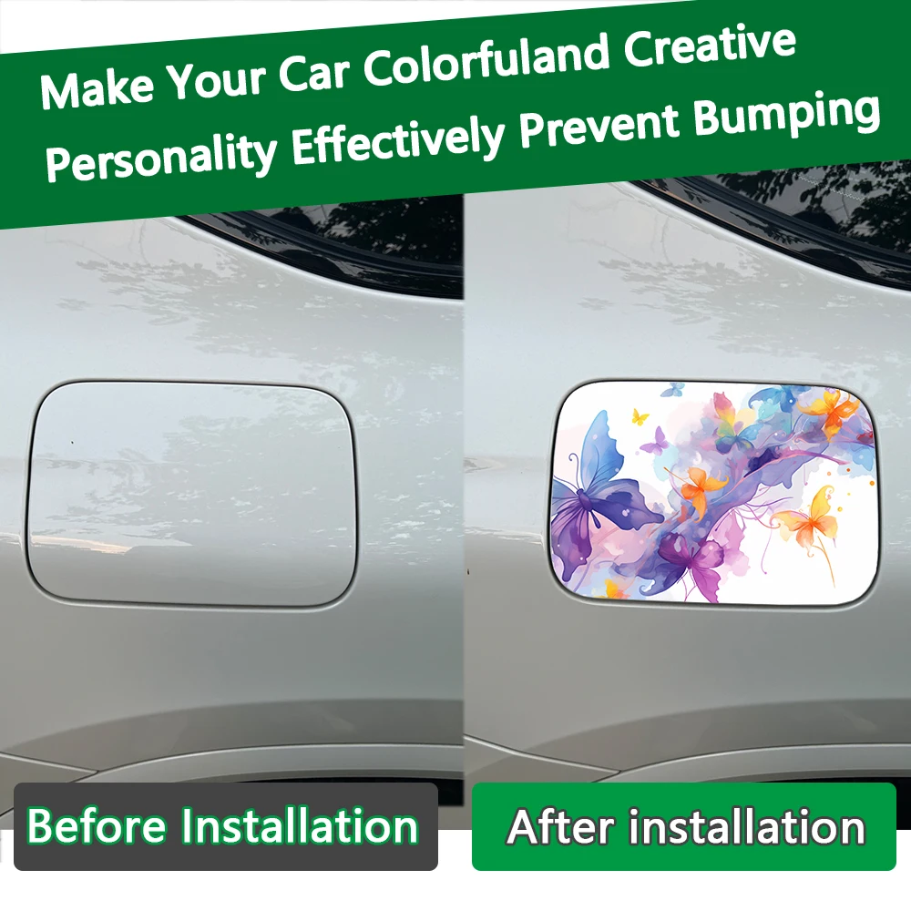 1PC Purple Orange Watercolor Flying Butterfly Car Fuel Tank Sticker PET Waterproof Soft Ink Art Auto Fuel Cap Exterior Decal view 4