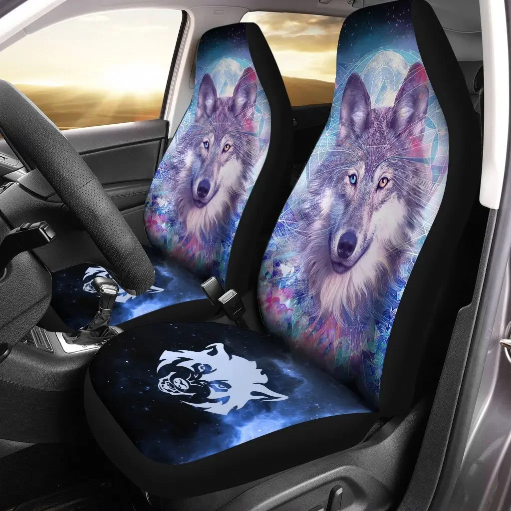 Galaxy Wolf Car Seat Cove,Pack of 2 Universal Front Seat Protective Cover Custom Animal Car Accessories