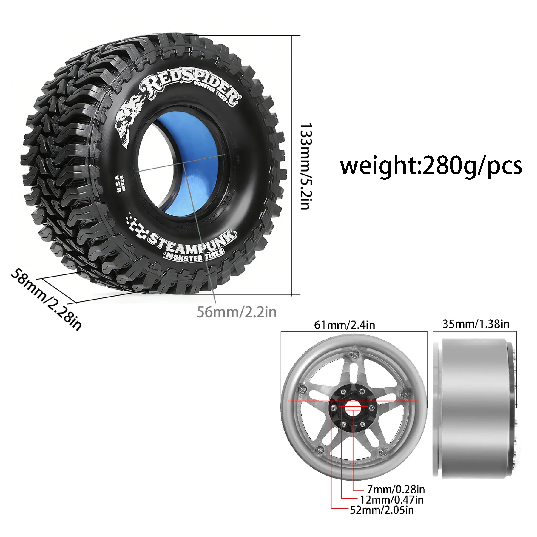 4Pcs 133mm Metal 2.2