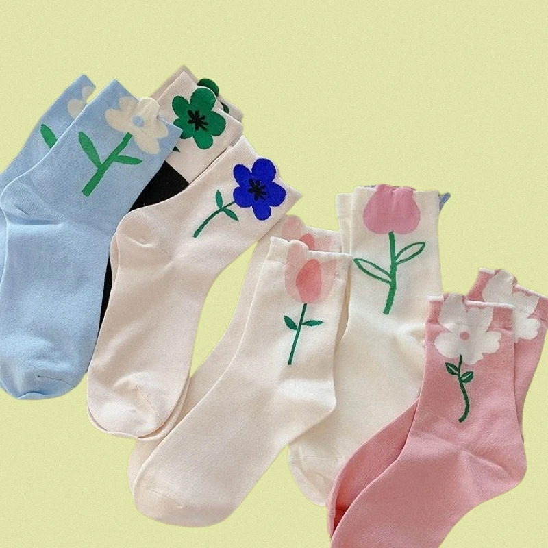 

6/12 Pairs Summer Thin Middle Tube Tulip White Small Flower Socks Women's Middle Tube Socks Girls Long Socks