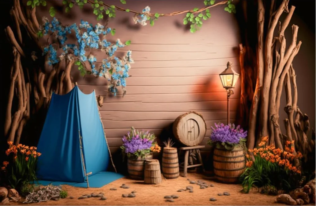 Retro Style Backdrops Camping Tent Campfire Party Decoration Background for Holiday Family Outdoor Party Photoshoot Photo Studio