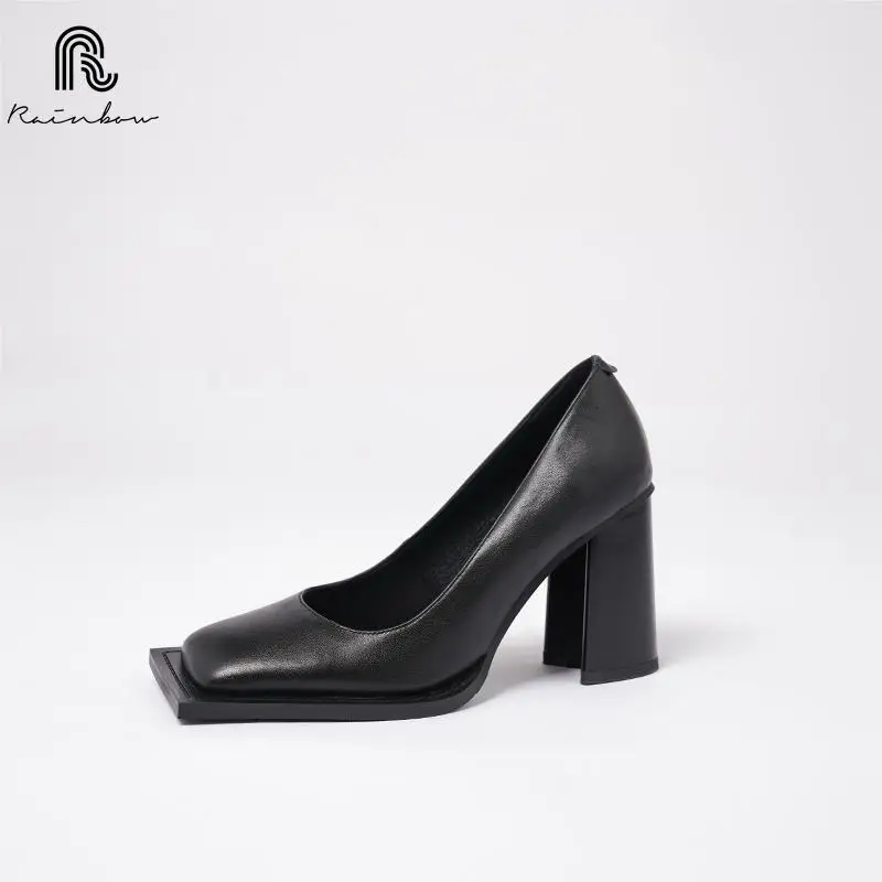 

RAINBOW Size 33-40 Fashion Square Toe Women Cow Leather Pumps Comfortable Thick Heels Slip On Solid Color Plus Dress Party