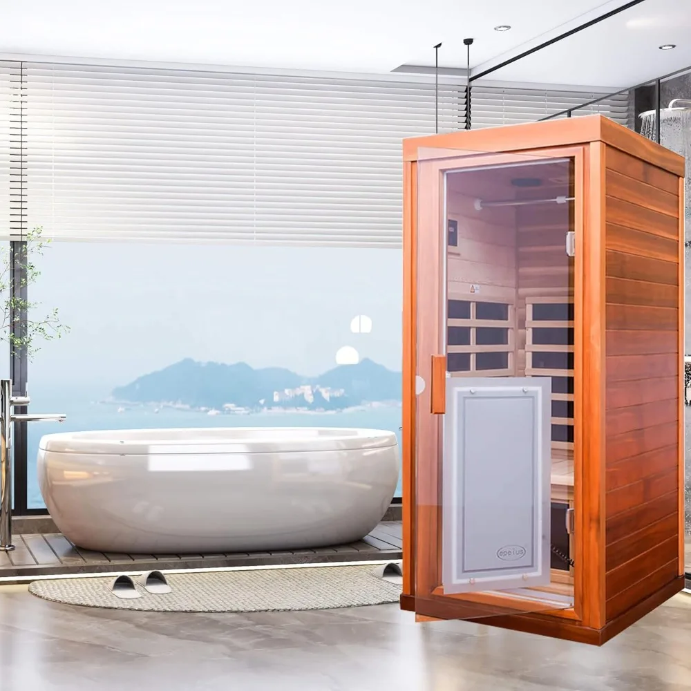 1-Person Size Garden Sauna Room With 1350W Far Infrared Wooden Sauna Canadian Red Cedar 8 Low EMF Heaters & 2 Bluetooth Speakers