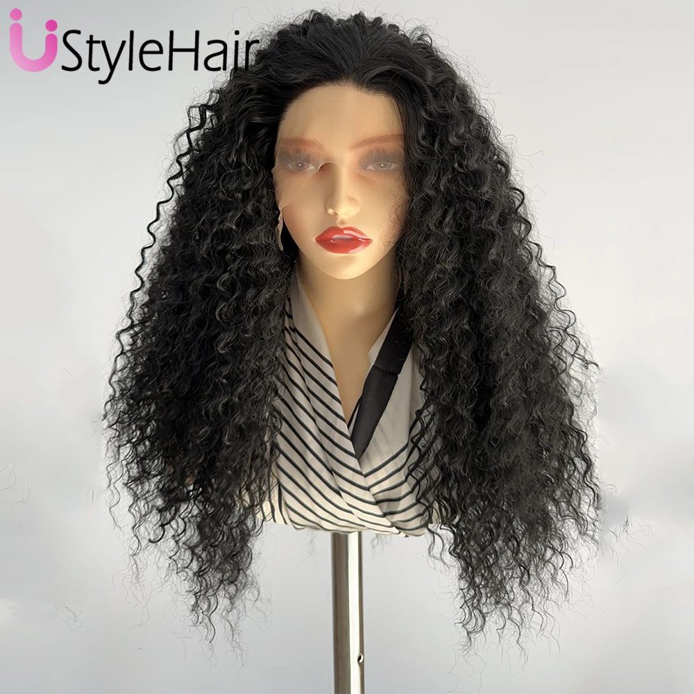 UStyleHair Black Long Deep Curly Wig for Black Women Heat Resistant  Synthetic Hair Wig T Part Daily Used Lace Front Wig