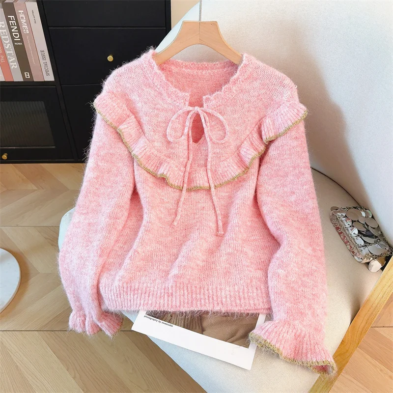 

French Style Knitwear Women Spring 2026 New - Loose Bow Tie Flounce Sleeve Pullover, Elegant Casual Long Sleeve Tops