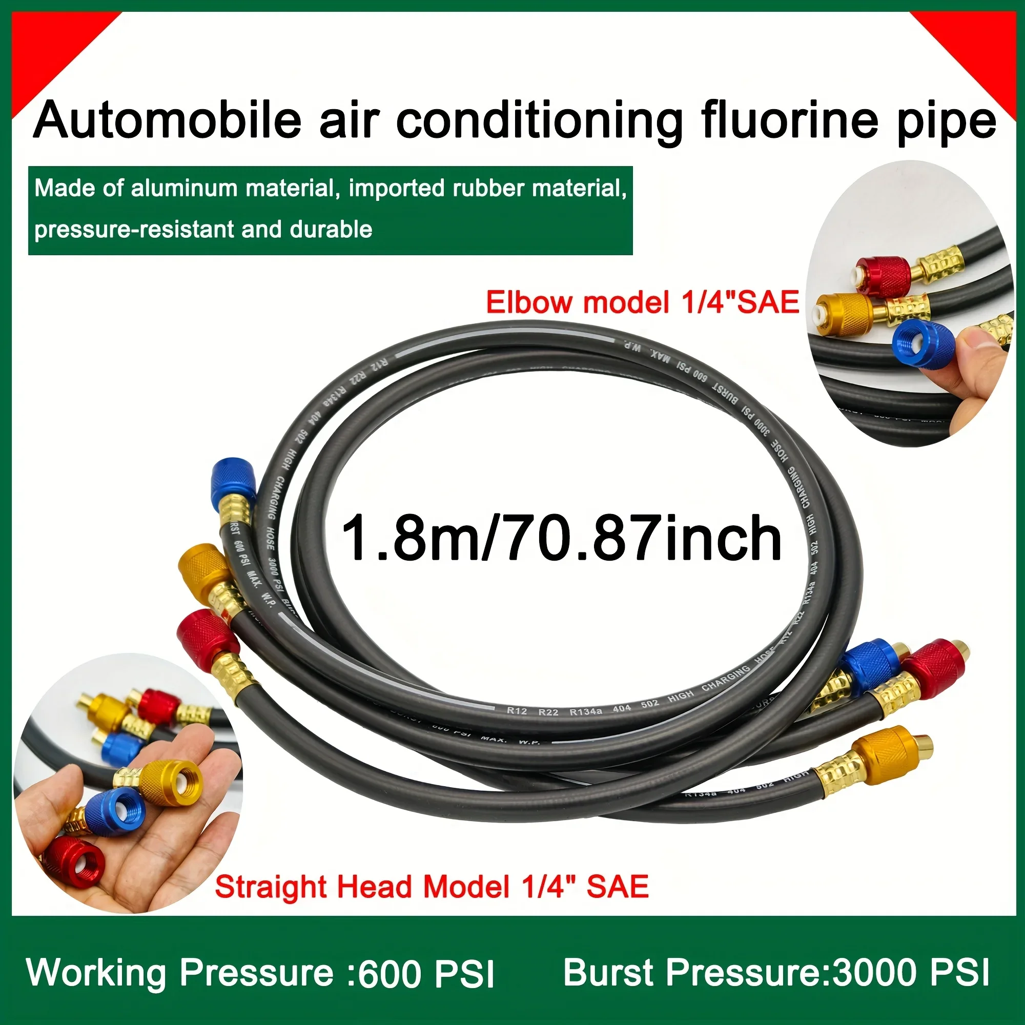 

1,8 м/70,87 дюйма, устойчивая к высоким давлением, 3000 фунтов на квадратный дюйм, фторная трубка для автомобильного кондиционера, алюминиевый колено SAE 1/4 дюйма/прямой, 600 фунтов на квадратный дюйм