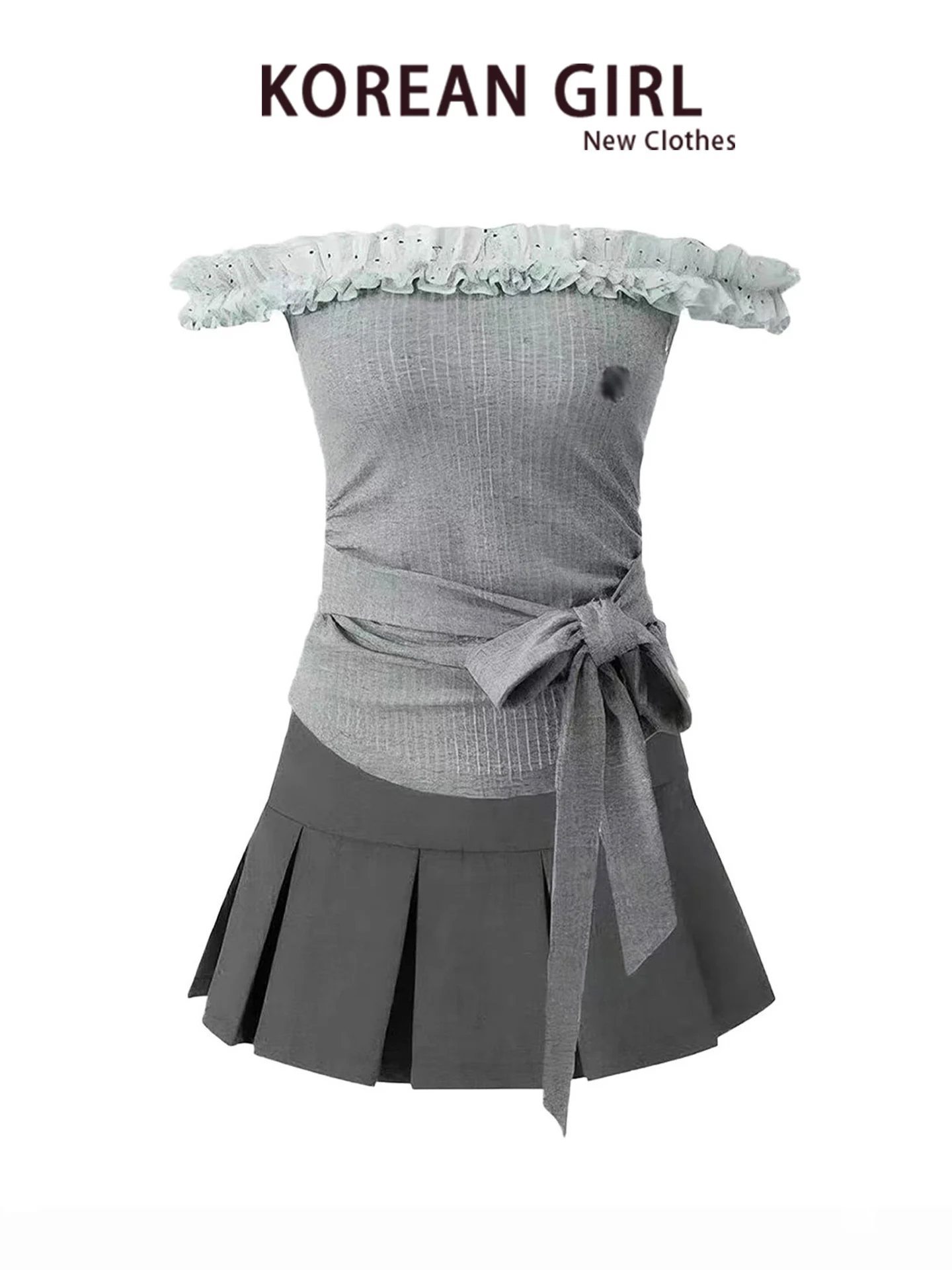 Ballet Wave Point Lace Trim Splice One Shoulder Waist in T Shirt Women Early Autumn Grey Pleated Skirt Two Piece Set Casual S...
