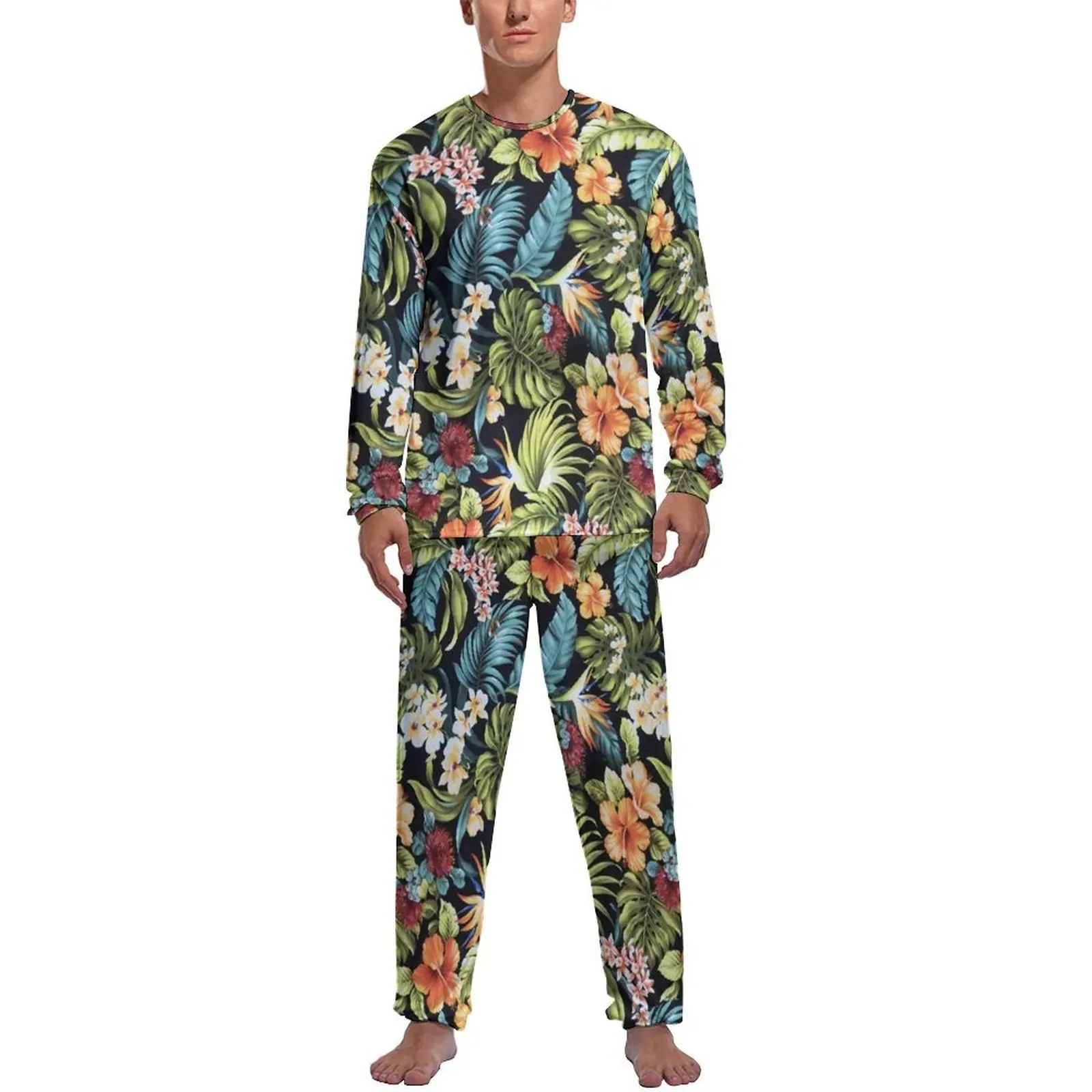 Colorful Tropical Floral Pajamas Long Sleeves Weed Print 2 Pieces Home Pajama Sets Autumn Mens Graphic Lovely Nightwear