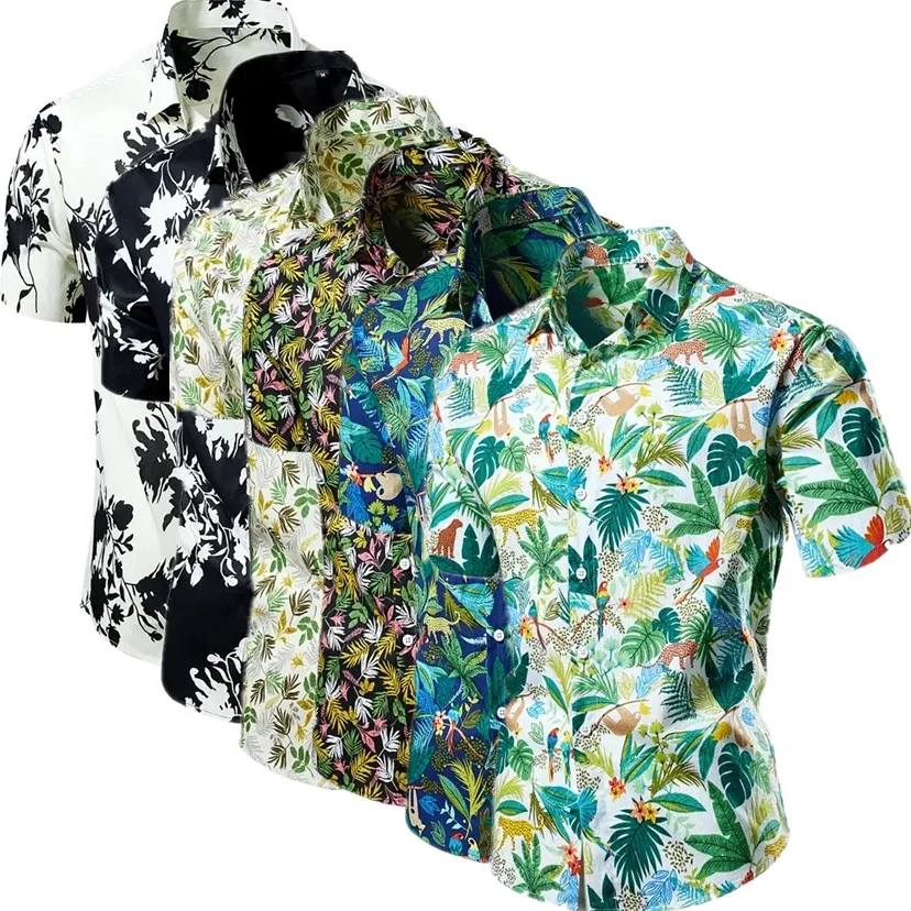 2026 New Men's Green Printed Short Sleeve Shirt, Summer Beach Casual Shirts, Asian Size Single Breasted Lapel Camisa Chemise 8XL