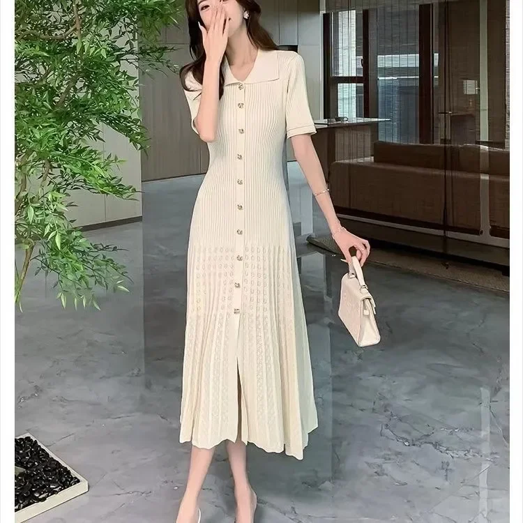 

Новая женская длинная юбка с вырезами и однобортным дизайном, элегантная вязаная юбка с отложным воротником и короткими рукавами для весны и лета