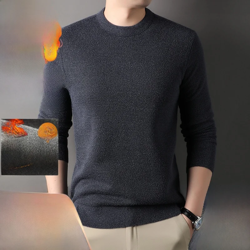 

Thiened Fce Lapin Knitted Sweater round Ne Casual All-Match Warm Base irt for Men Winter Leisure Pure Color Knitwear