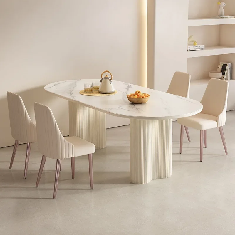 Nordic Minimalist Cream White Oval Sintered Stone Dining Table Set 6 Chairs Marble Restaurant Table Chair Dining Room Furniture