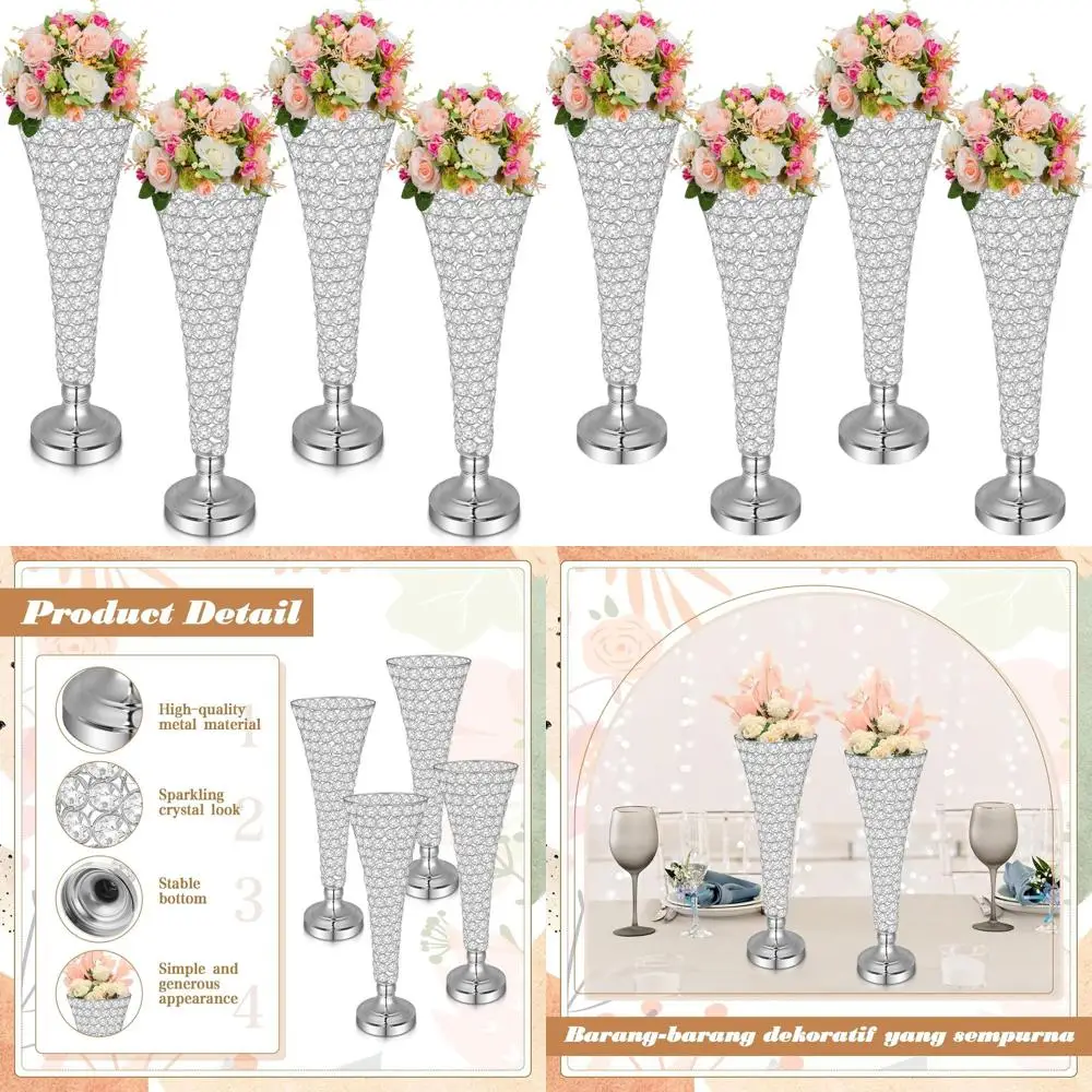 

20 Crystal Trumpet Vases, Set of 4, Silver, for Weddings, Christmas, and Banquets