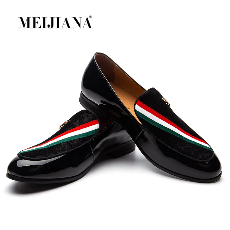 

Men's Black Patent Leather Loafers with Red-Green-White Stripes - Slip-On Formal Smoking Shoes for Wedding, Prom, Party