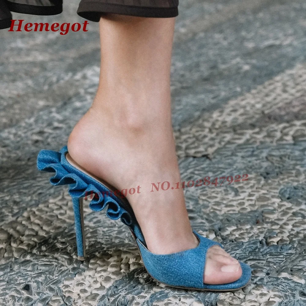 Denim Ruffle Stiletto Heels Slippers Open Toe Pleated Slip On Women's Mules Trendy Casual Party Shoes Summer Outside Elegant