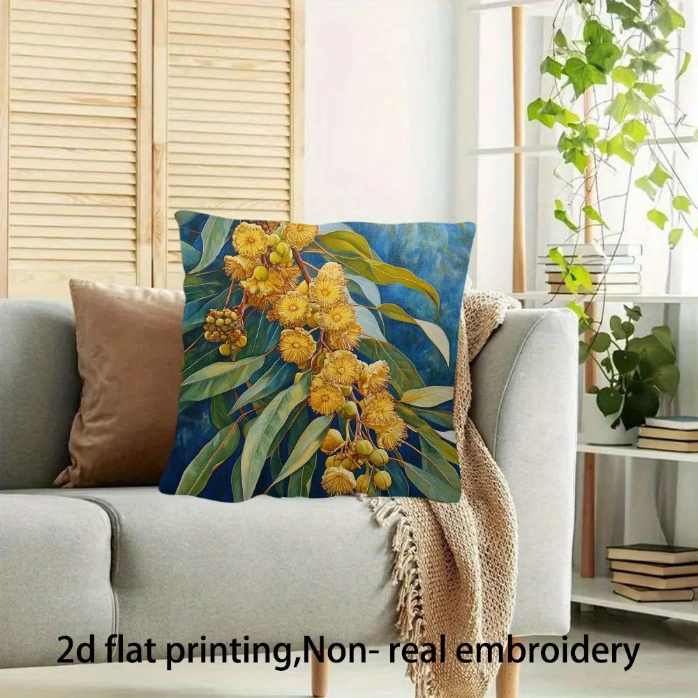 Australian Native Golden Wattle Eucalyptus Floral Throw Pillow Cover Boho Botanical Watercolor Flower Decorative  Home Decor