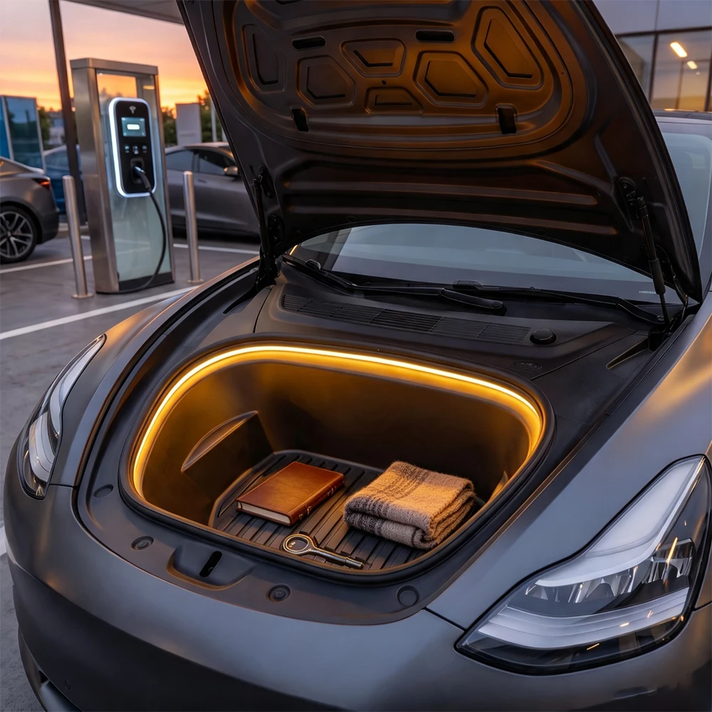 Magnetic Suction Car Front Spare Box LED Atmosphere Light For Tesla Model Y/3 2021-2026 Decorative Silicone Lighting Accessories 6