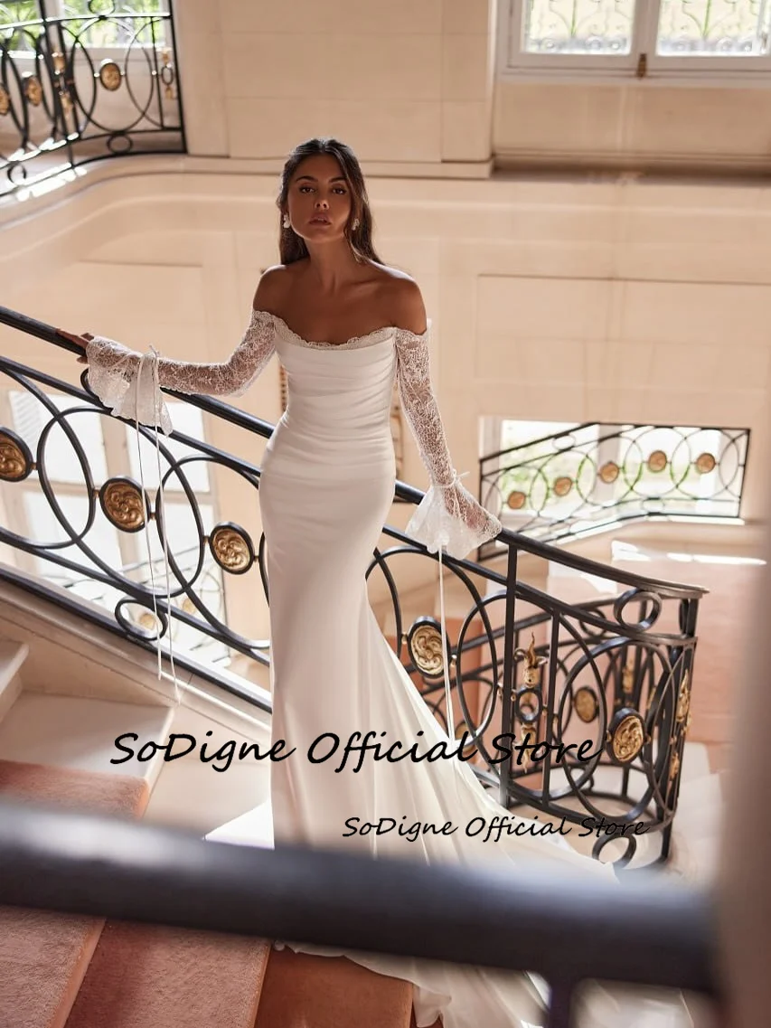 ﻿ SoDigne Mermaid Off Shoulder Wedding Dresses Long Lace Sleeves Bridal Dress Beach Bride Gown vestidos de novia Customized
