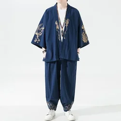 Men's Japanese Kimono Set Fashion Harajuku Streetwear Silk Dragon Embroidery Casual Outer Hood Uniform Linen Clothing