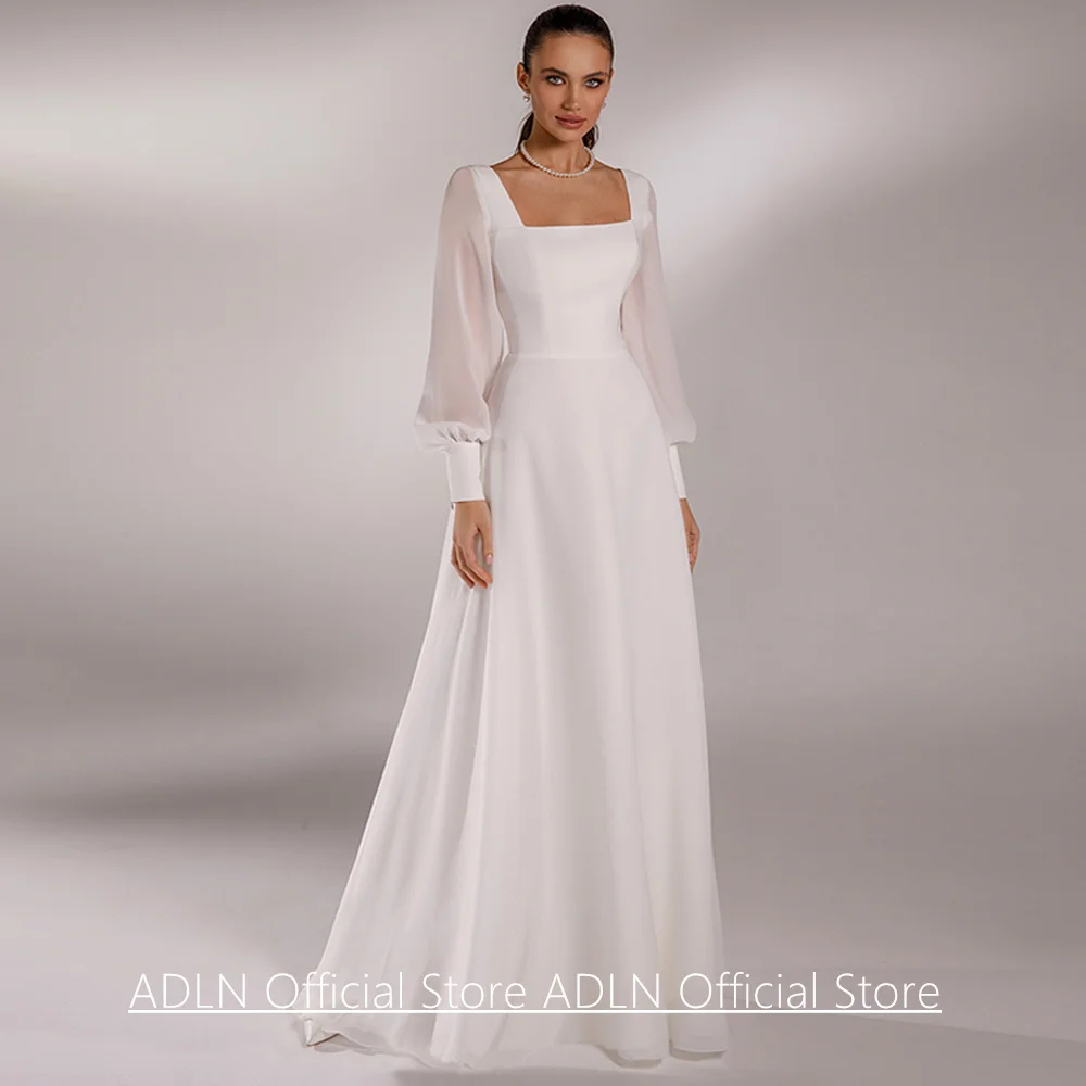 

Simple Wedding Dress Beach Bride Dresses Customized Puff Sleeves Square Neck Sweep Train Chiffon Corset Bridal Gowns