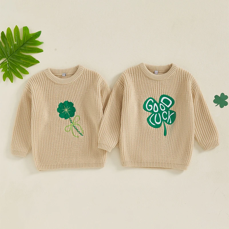 Toddler Girls Boys Sweater Clover Embroidery Long Sleeve Baby Pullovers Ireland Clothes Spring Casual Tops Kids Clothes