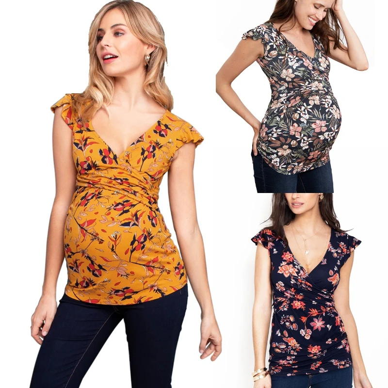 Pregnant Women's Fashionable Printed Deep V-neck Cross Breastfeeding T-shirt Women's Vest