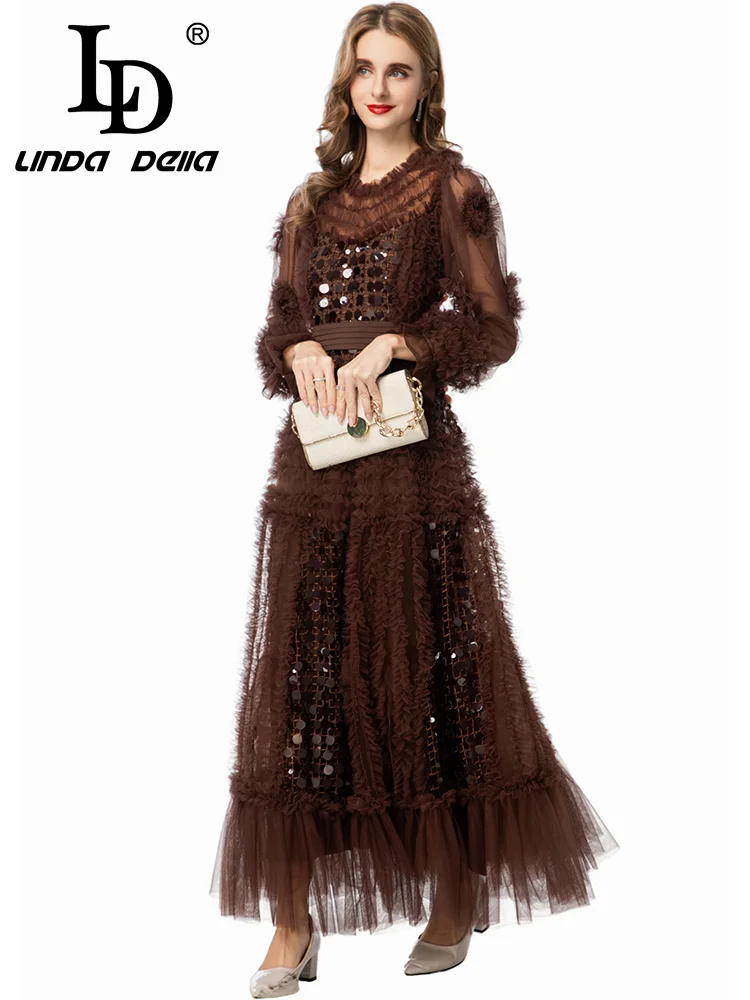 فستان LD LINDA DELL مطرز بالترتر بحافة مكشكشة بلون القهوة فستان مثير للولائم شبكي بأكمام طويلة ورقبة فستان نسائي عصري