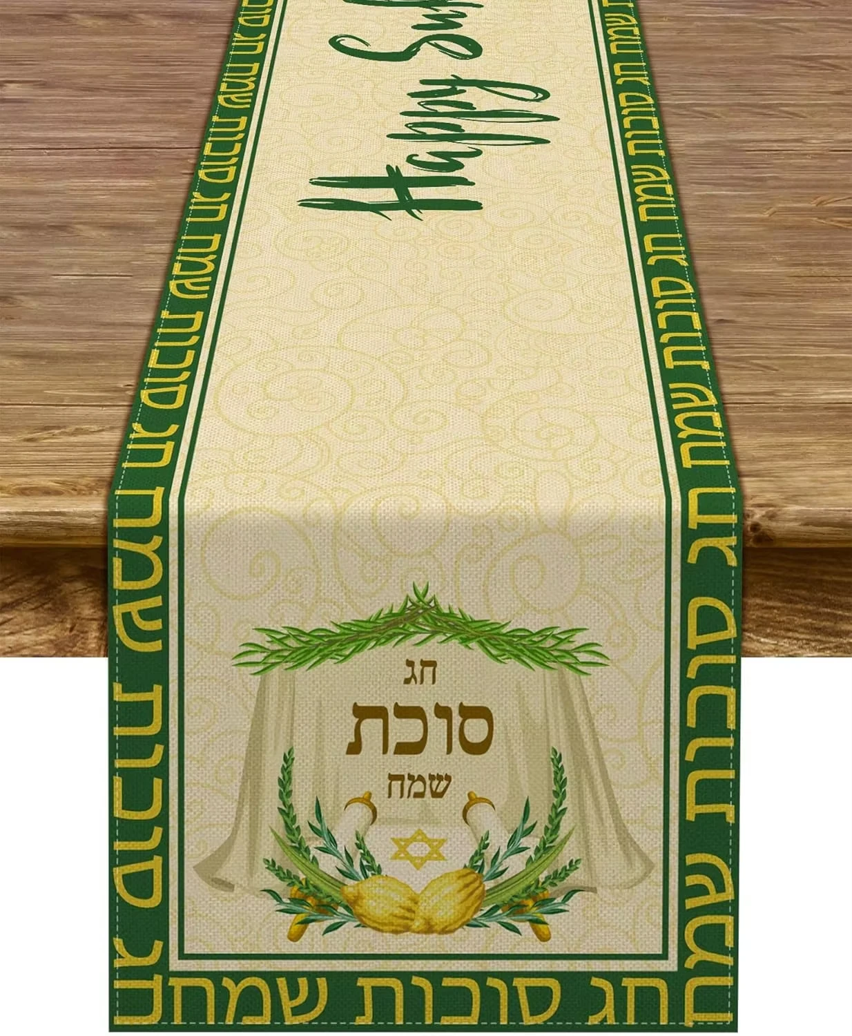 Sukkot Festival Linen Table Runner with Etrog Lulav Pattern, Jewish Holiday Decor for Kitchen Dining Table Setting