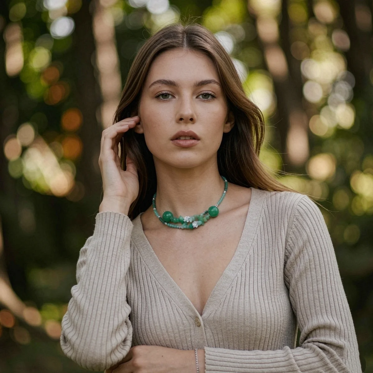 Vintage Ethnische Grüne Naturstein-Halskette mit Unregelmäßigen Perlen für Frauen und Männer, Chinesischer Stil, Silberfarbener Lotusblumen-Choker Schmuck – Detail 5