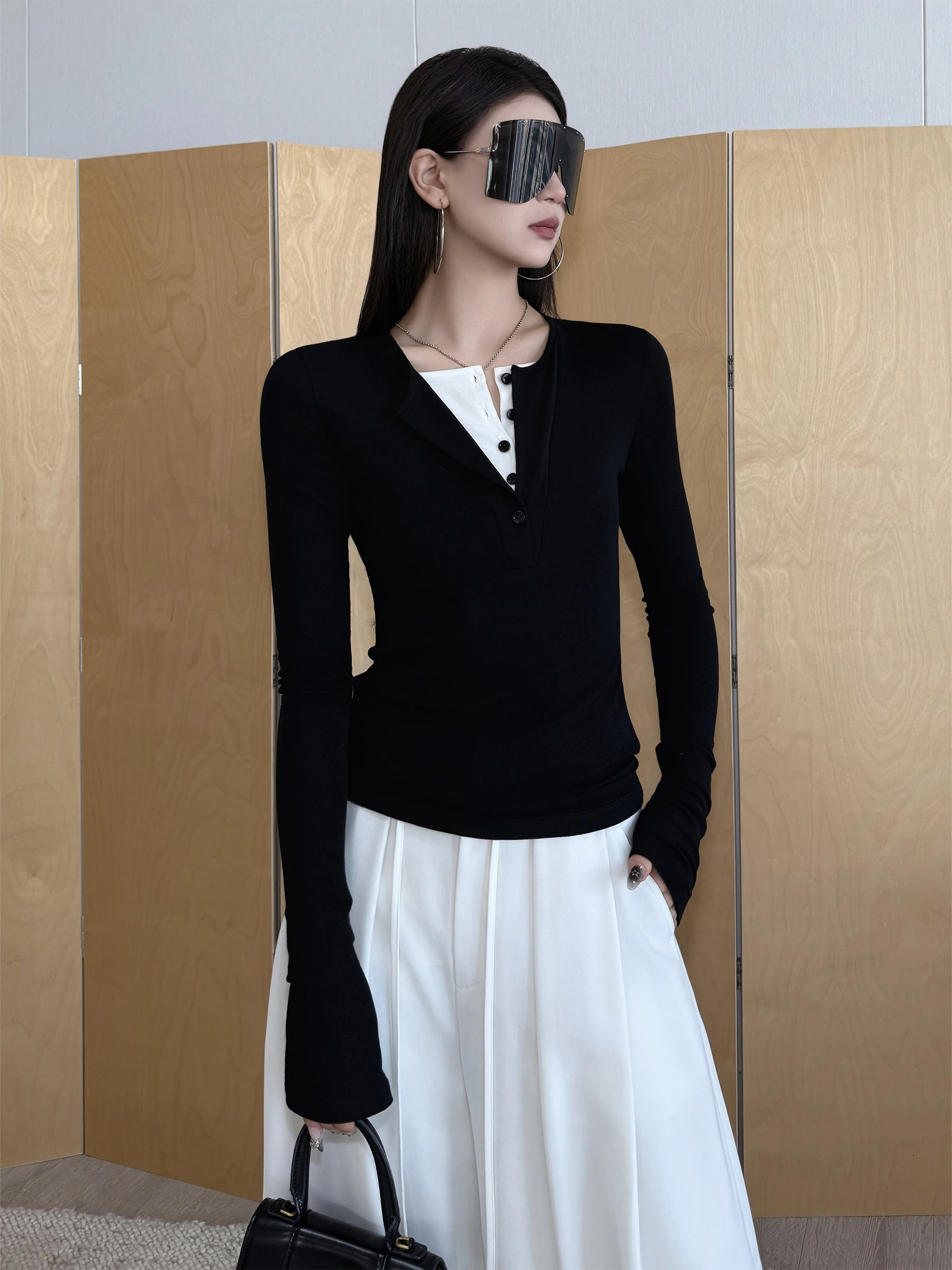 

Женская модная осенняя одежда NancyCavally: гладкий шелково-шерстяной вязаный базовый слой с воротником хенли, длинными рукавами, повседневный крой