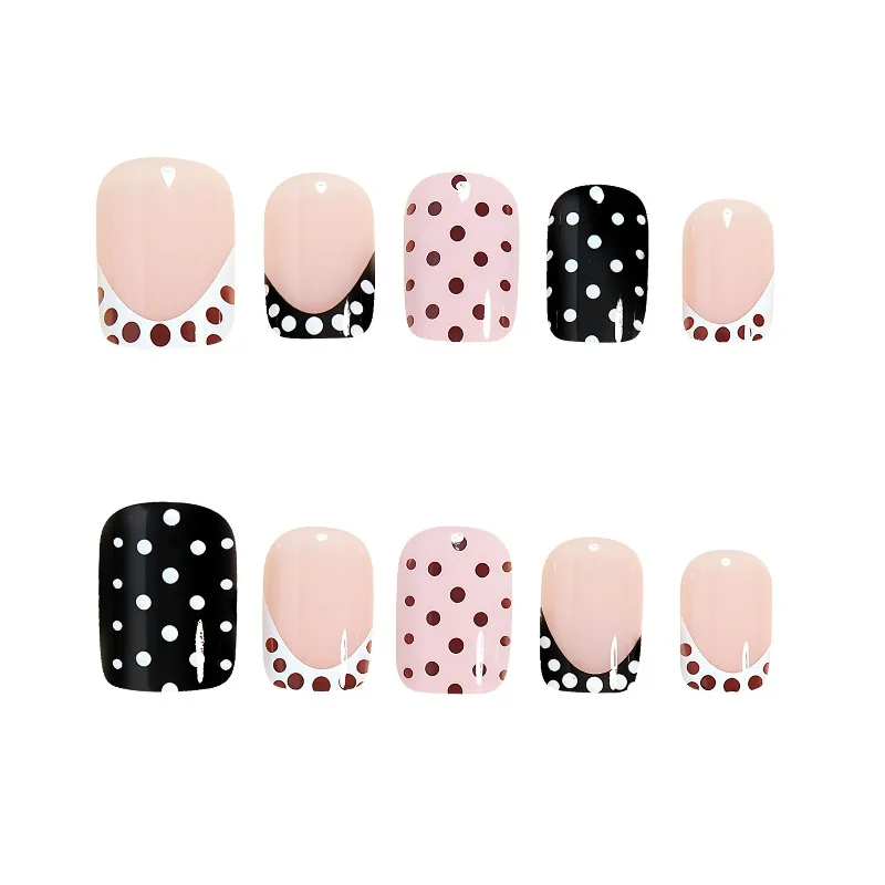 

24PCS Sweet Gentle Fake Nails Polka Dot French Manicure Short Square Coffin Press on Nails Glossy Fashion Elegant False Nails 네일