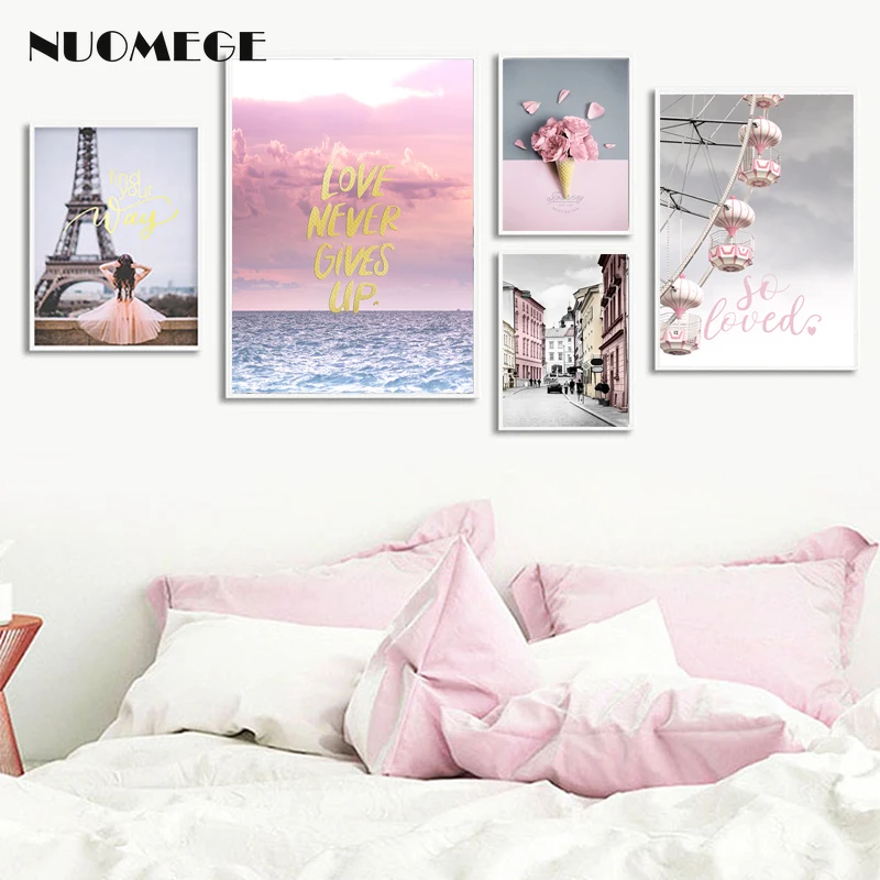 Pink Poster And Print Nordic Paris Landscape Wall Art Ins Style Petal Canvas Painting For Living Room Decoration Home Decor