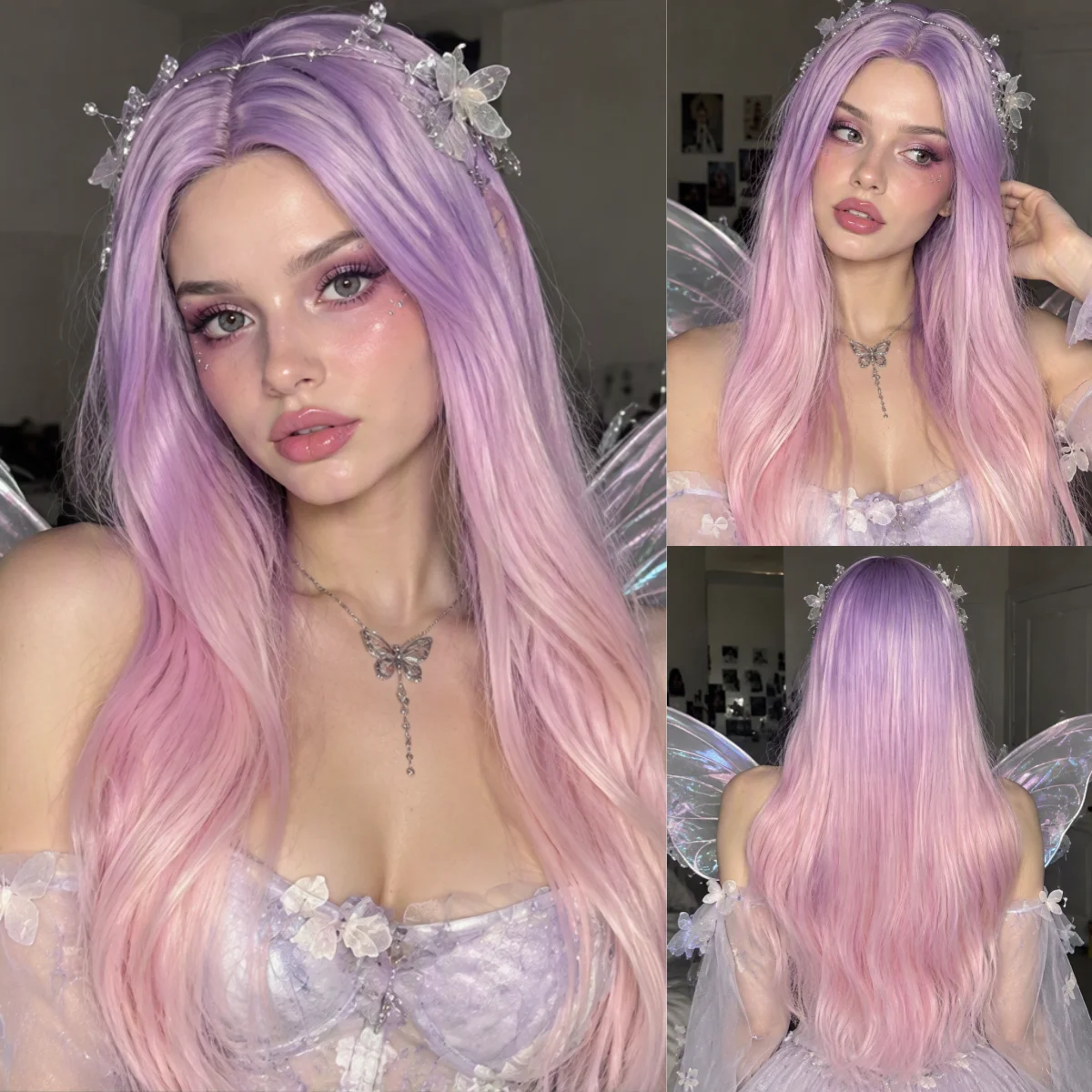 30inch Long Pink Ombre Purple Wig Straight Heat-Resistant Synthetic Hair for Women Halloween Anime Cosplay Party Wig