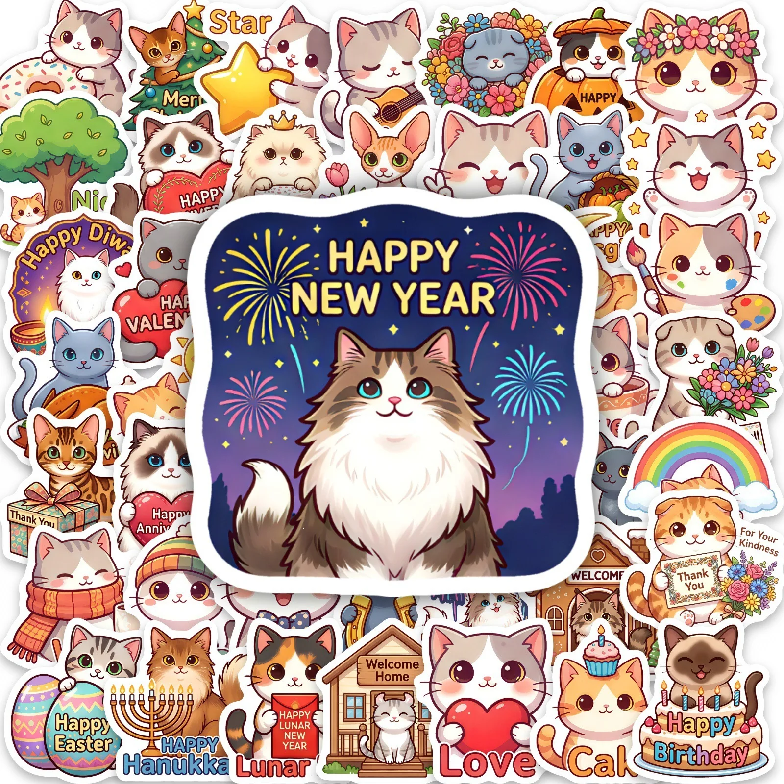 

50-Pack Cute Cat Themed Waterproof Graffiti Stickers for Stationery Luggage Guitar Mobile Decoration Holiday Gift Packaging