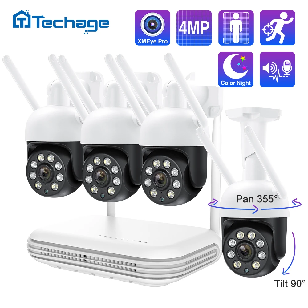 Techage PTZ 4MP WIFI Video Camera Surveillance Kit H.265 Wireless NVR Kit  Auto Tracking Wireless Security Camera System