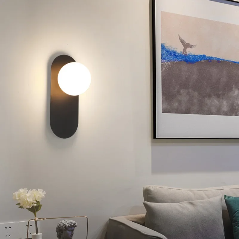 

White Black Vanity Lamp, Acrylic Ball Wall Lamp with Spherical Lampshade, Corridor Lamp, Modern Wall Lamp Suitable for Bedside