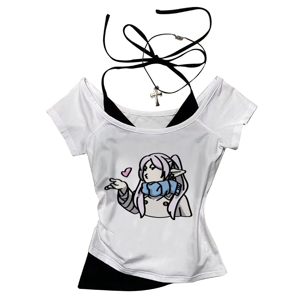 Frieren crop top female summer harajuku vintage t-shirt meme japan summer goth gothic