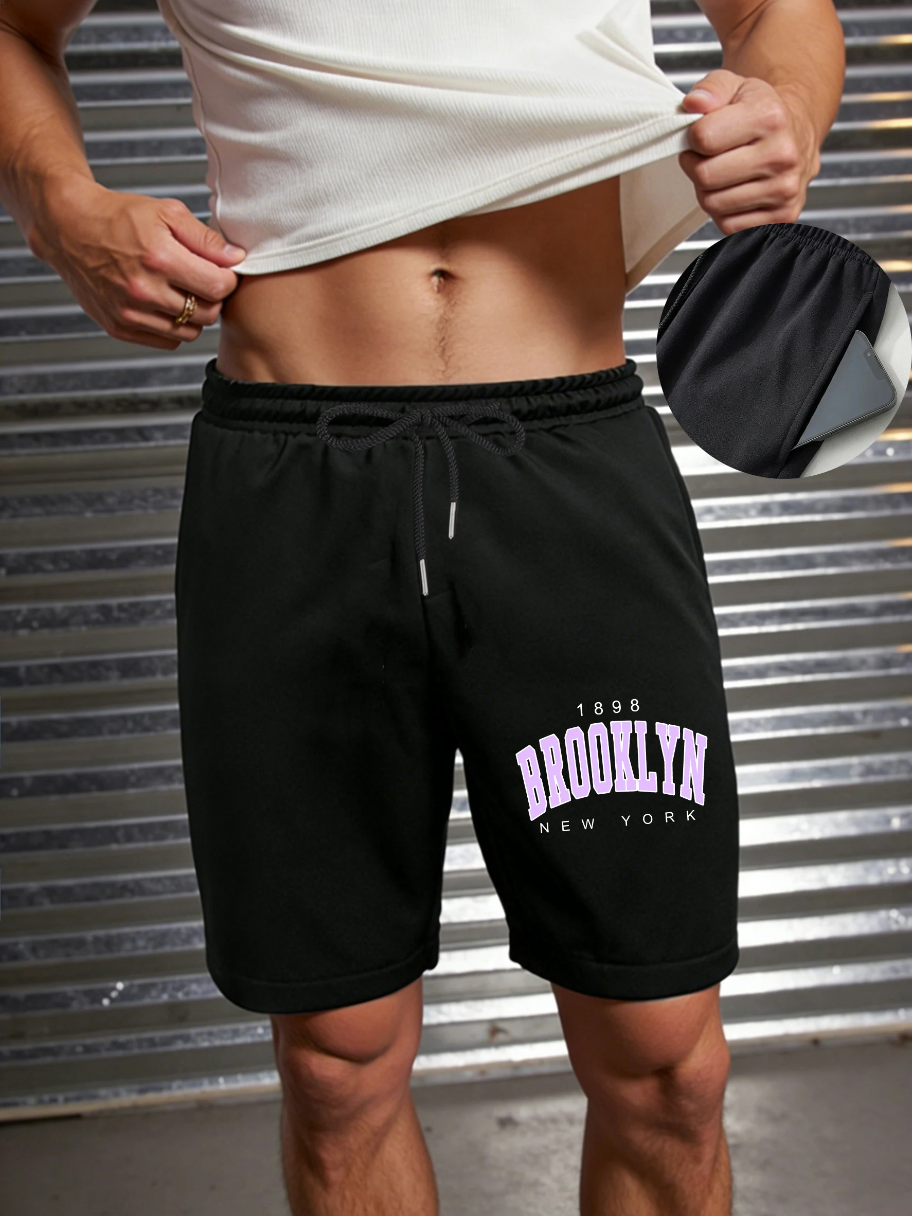 

Brooklyn New York 1898 Print Men'S Gym Shorts Summer Drawstring Streetwear Wide Leg Pocket Pant Elasticity Swimming Trunks