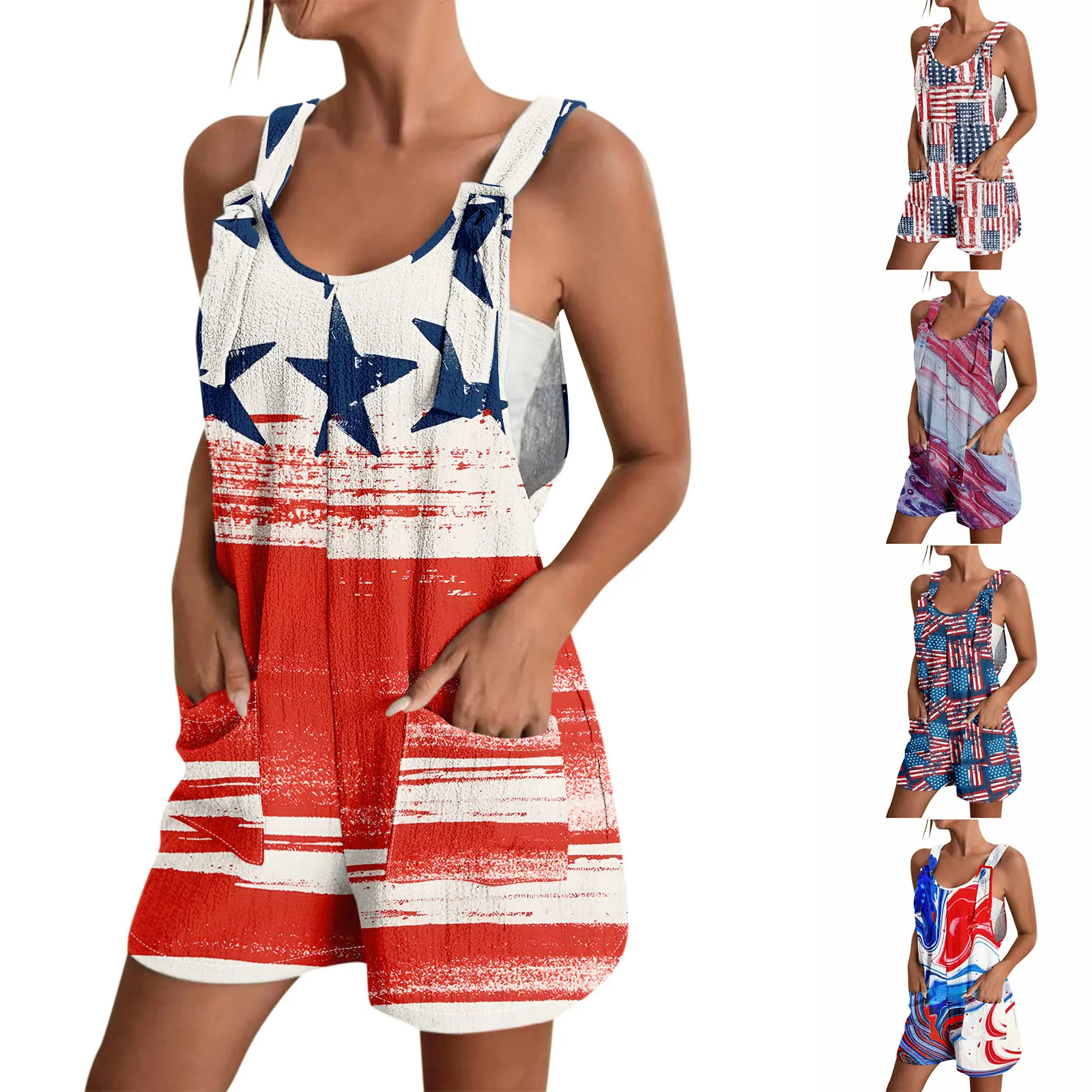 New Women Short Jumpsuit American Independence Day Flag Suspenders Women Jumpsuit Summer With Pocket Bib Overalls